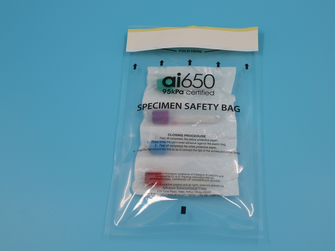 AI650 Bolsas de riesgo biológico personalizadas 95Kpa Bolsas de muestras de transporte de riesgo biológico Bolsa de canguro para Un3373