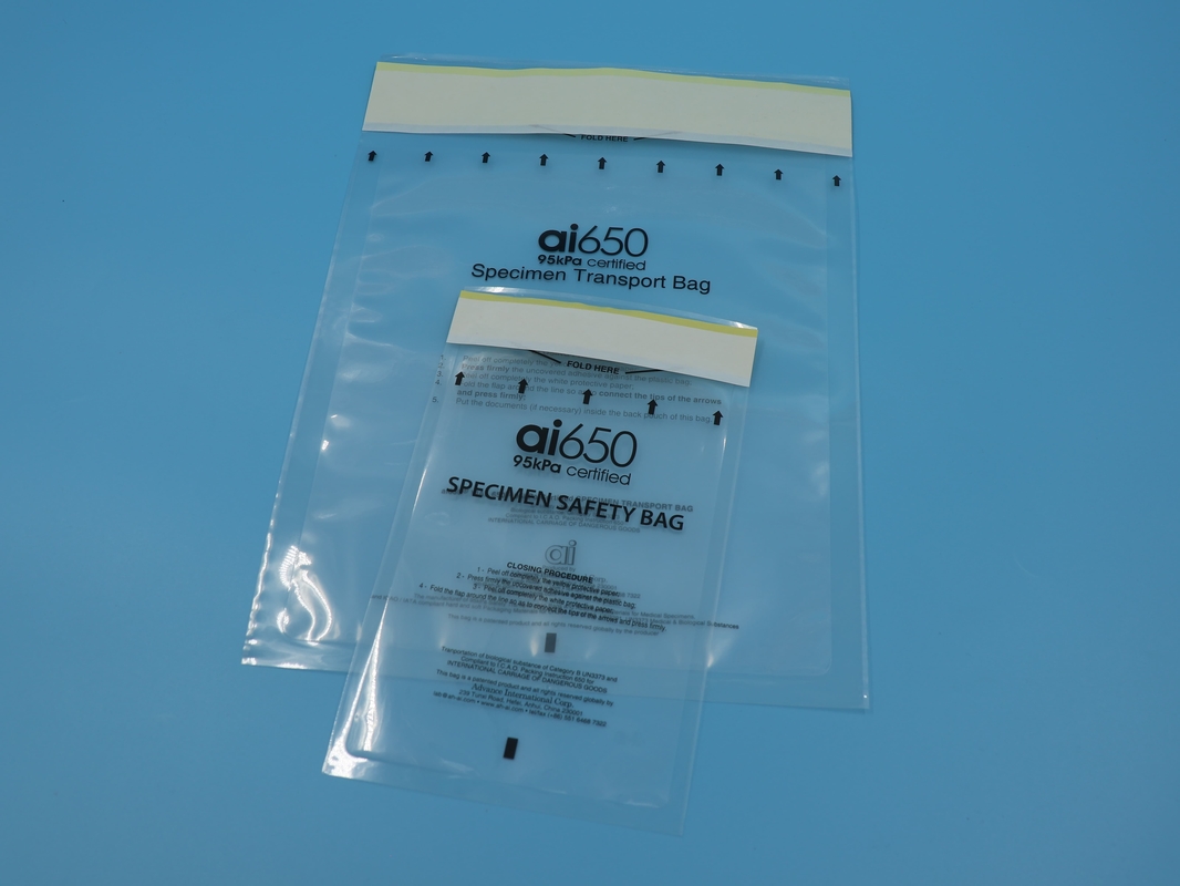 95kpa Material para mascotas plástico desechable para uso médico Biohazard Recuperación de muestras Bolsas de transporte 6x9 Con bolsillo