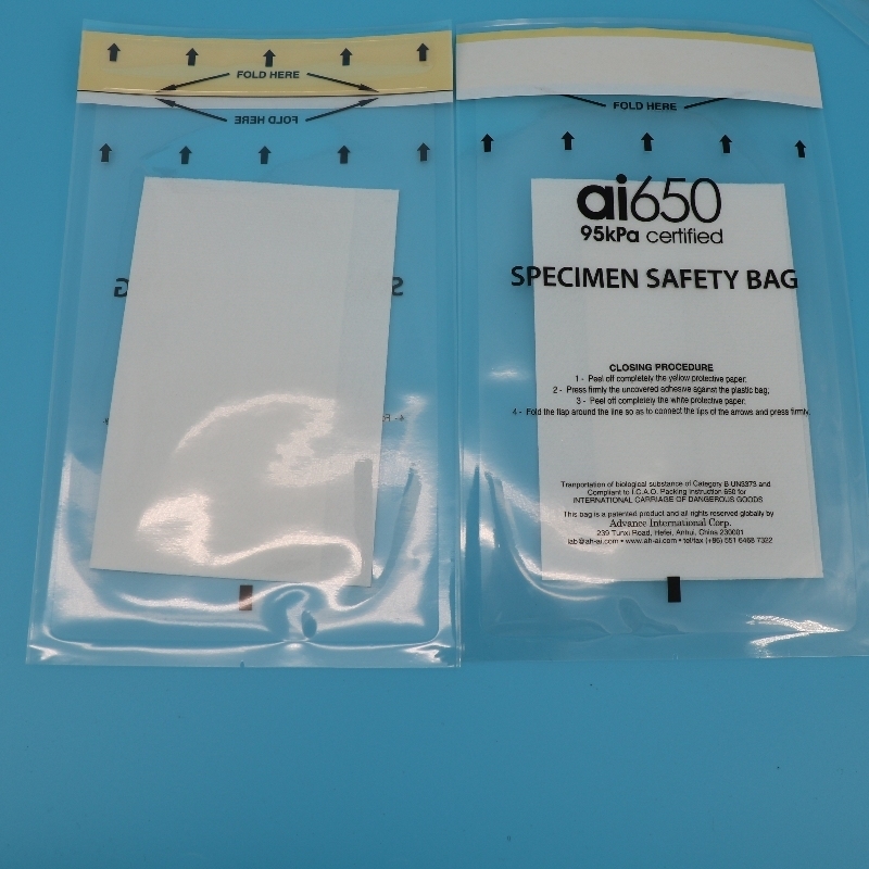 Bolsa de transporte de especímenes de 95 kPa con cumplimiento UN 2814 y absorbencia de 550 ml para especímenes de riesgo biológico