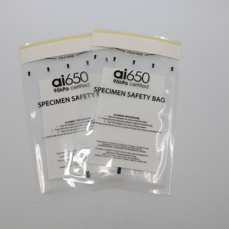 Bolsa para especímenes de riesgo biológico conforme a 95 KPa con almohadilla absorbente y caja de transporte de muestras