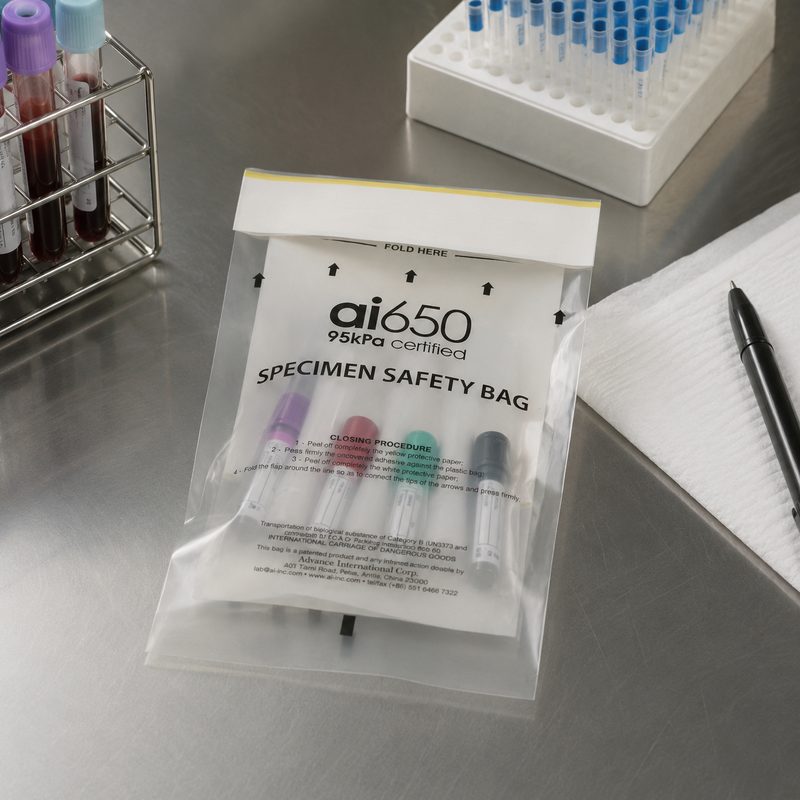UN3373 Bolsa de muestras    Bolsa de transporte de muestras biológicas a prueba de fugas con bolsa absorbente, 95 kPa probada para sustancias de la categoría B